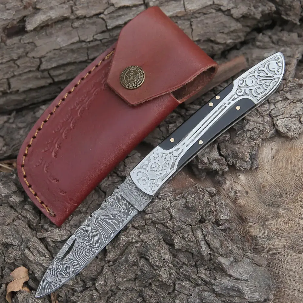 8" Handmade Bull Horn Handle Folding Pocket Knife With Engraved Frame Work