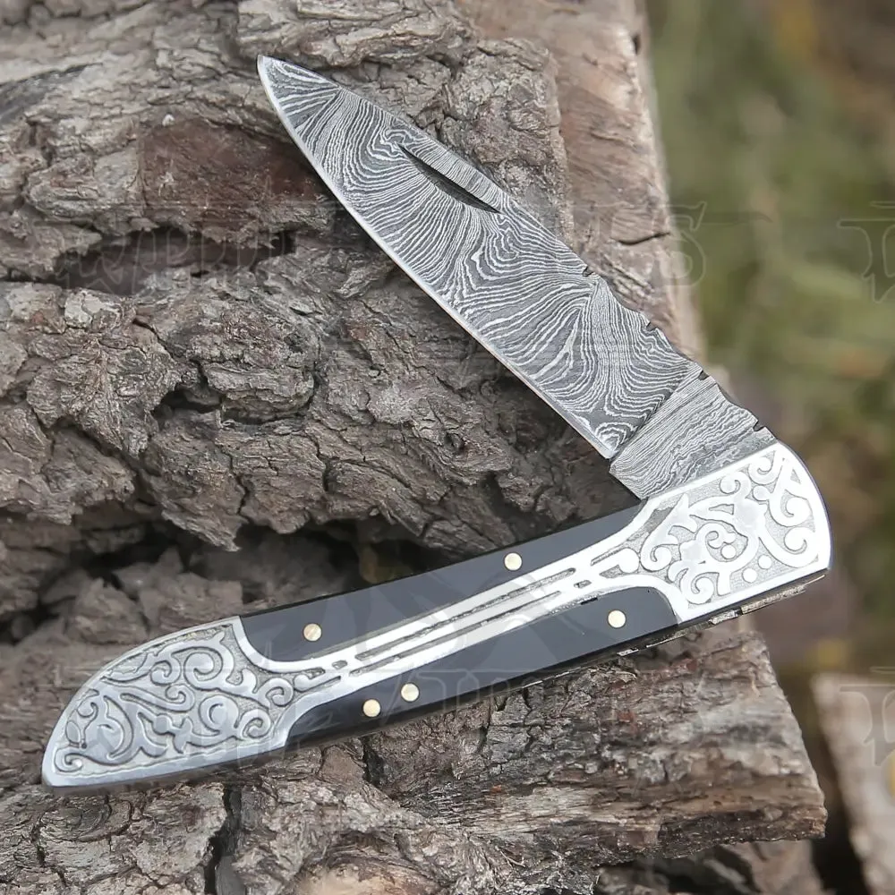 8" Handmade Bull Horn Handle Folding Pocket Knife With Engraved Frame Work