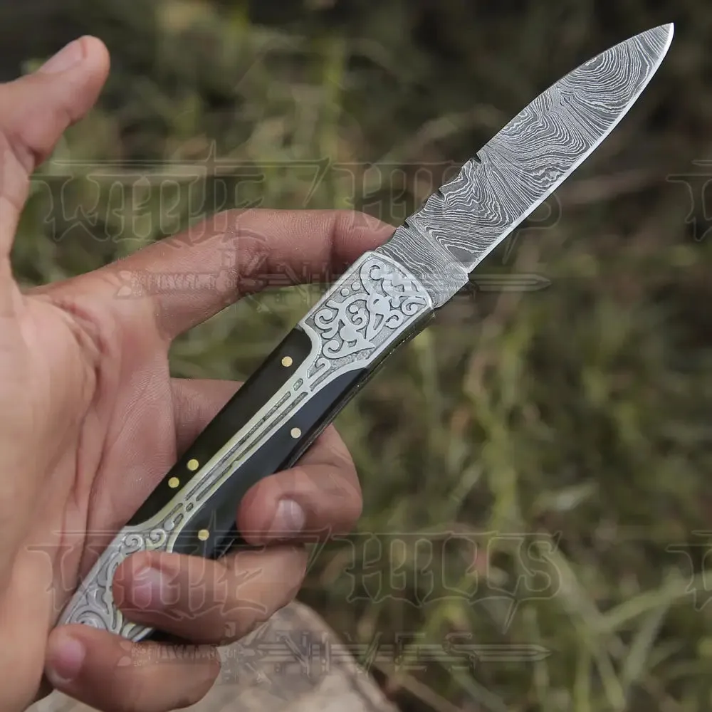 8" Handmade Bull Horn Handle Folding Pocket Knife With Engraved Frame Work