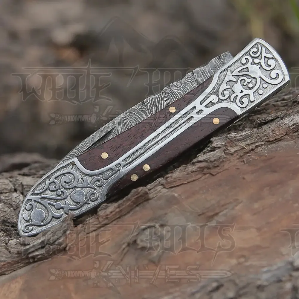 8" Handmade Dark Wood Handle Folding Pocket Knife With Engraved Frame Work