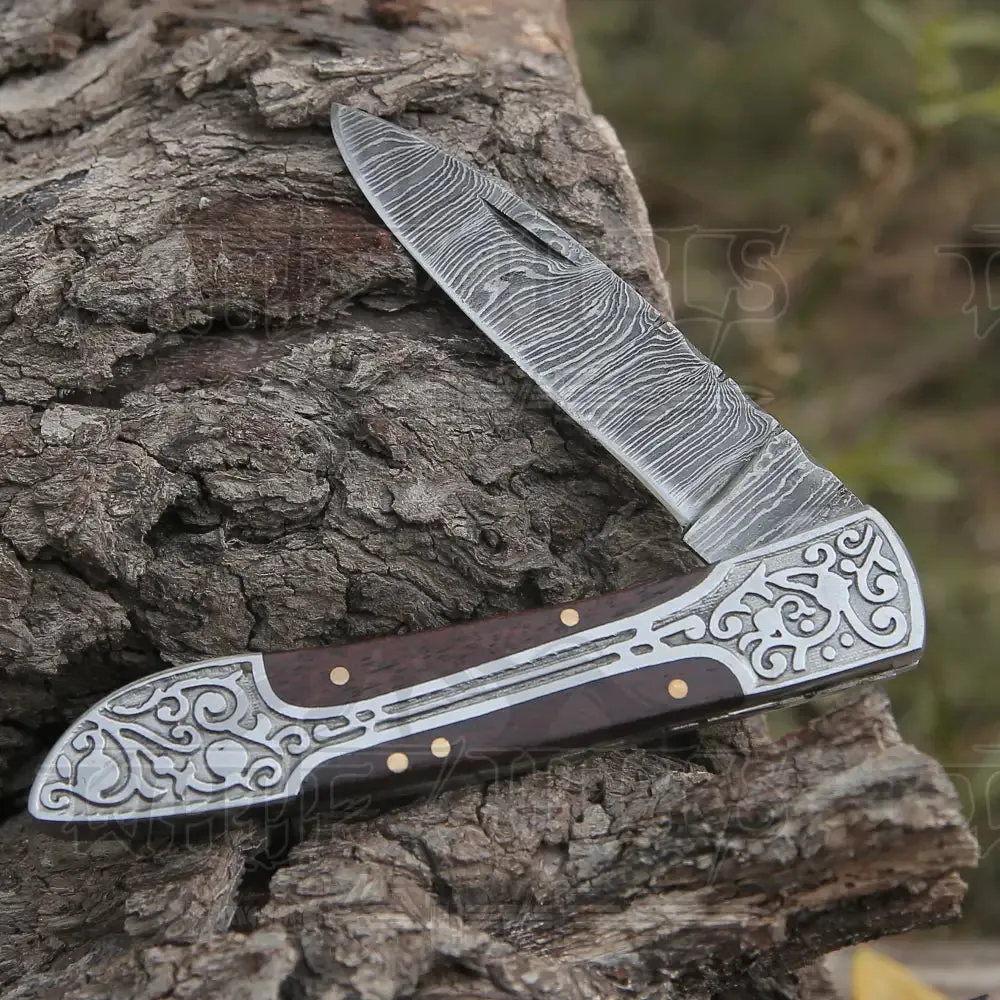 8" Handmade Dark Wood Handle Folding Pocket Knife With Engraved Frame Work