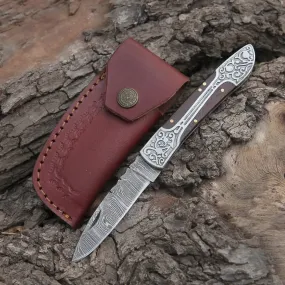 8" Handmade Dark Wood Handle Folding Pocket Knife With Engraved Frame Work