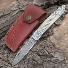 8" Handmade Green Camel Bone Handle Folding Pocket Knife With Engraved Frame Work