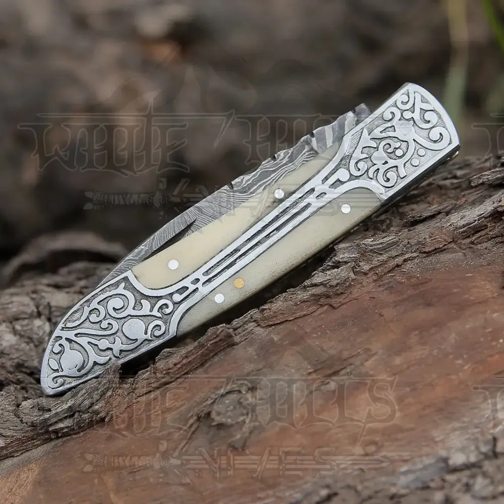 8" Handmade Green Camel Bone Handle Folding Pocket Knife With Engraved Frame Work