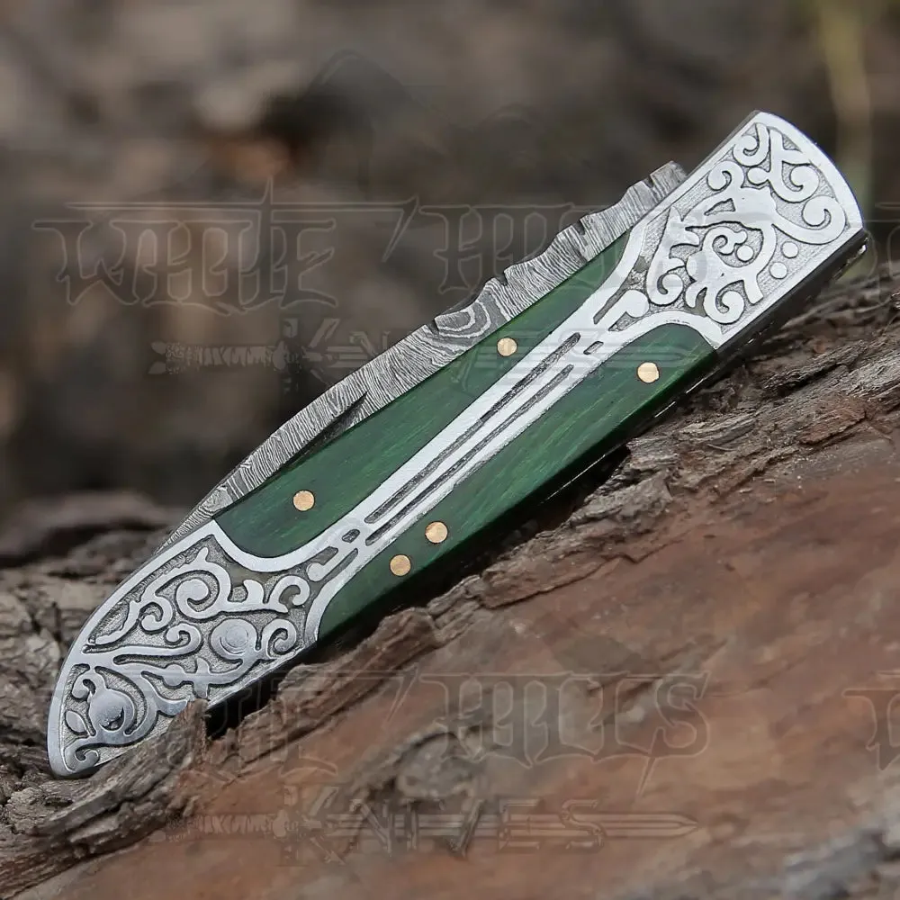 8" Handmade Green Dollar Sheet Handle Folding Pocket Knife With Engraved Frame Work