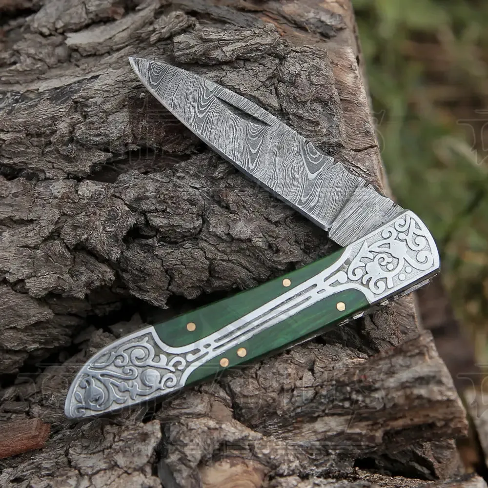 8" Handmade Green Dollar Sheet Handle Folding Pocket Knife With Engraved Frame Work