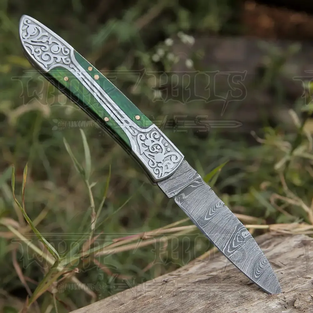 8" Handmade Green Dollar Sheet Handle Folding Pocket Knife With Engraved Frame Work