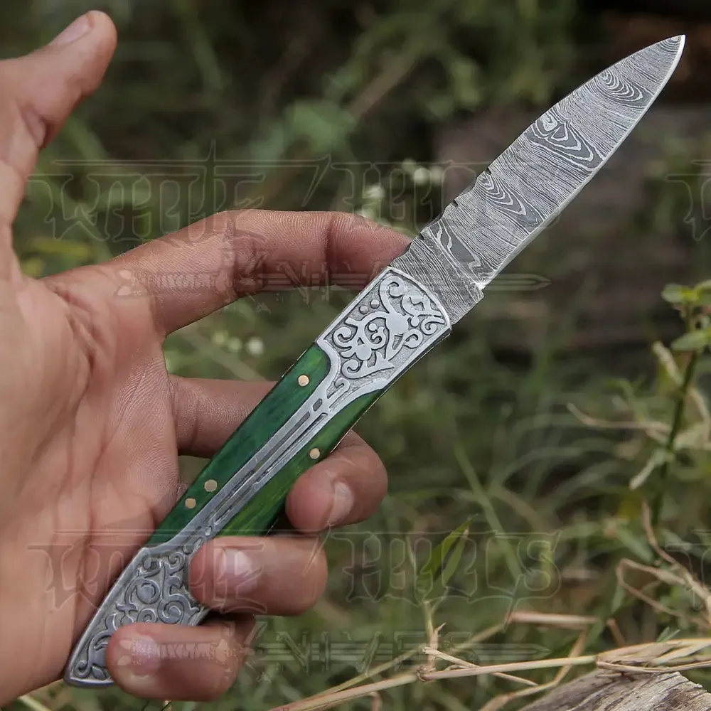 8" Handmade Green Dollar Sheet Handle Folding Pocket Knife With Engraved Frame Work