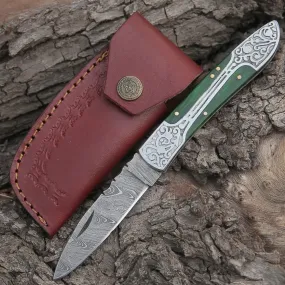 8" Handmade Green Dollar Sheet Handle Folding Pocket Knife With Engraved Frame Work