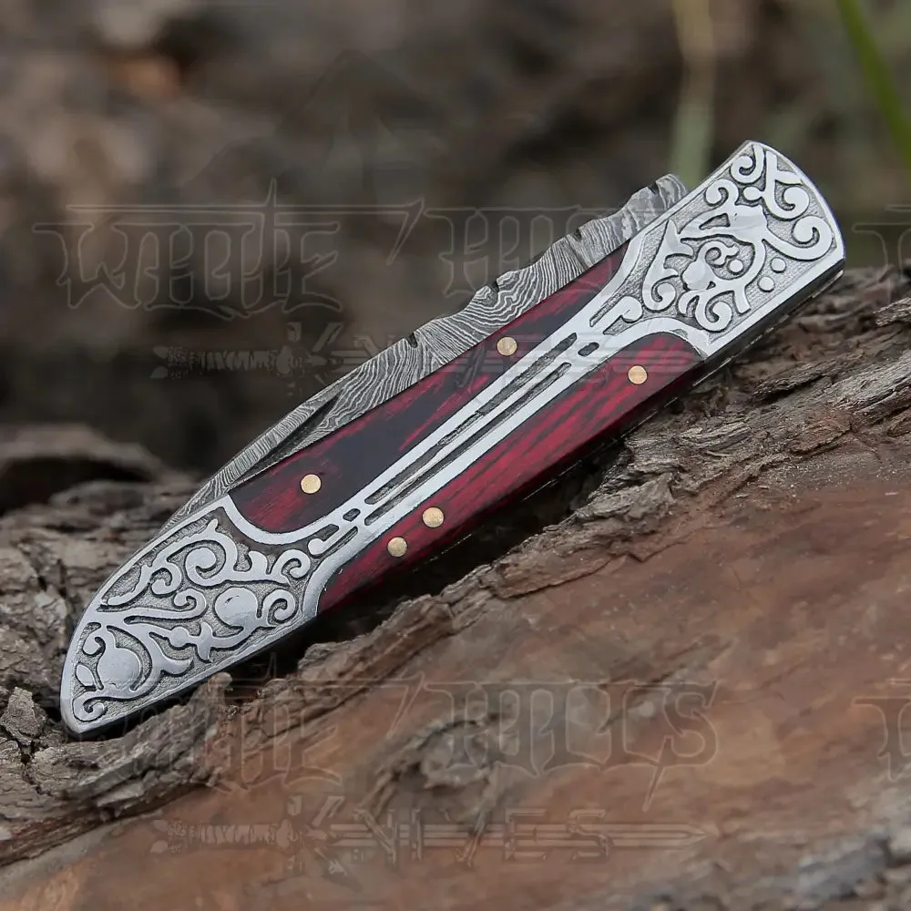 8" Handmade Red Dollar Sheet Handle Folding Pocket Knife With Engraved Frame Work