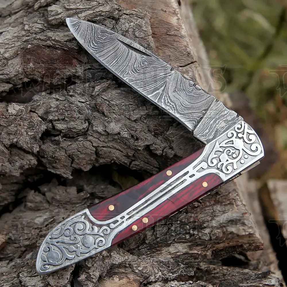 8" Handmade Red Dollar Sheet Handle Folding Pocket Knife With Engraved Frame Work