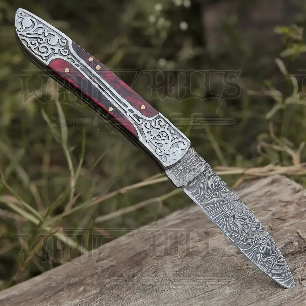 8" Handmade Red Dollar Sheet Handle Folding Pocket Knife With Engraved Frame Work