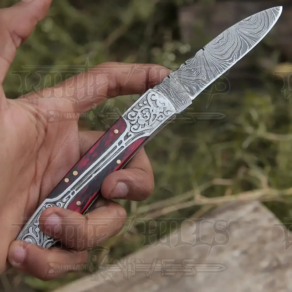 8" Handmade Red Dollar Sheet Handle Folding Pocket Knife With Engraved Frame Work