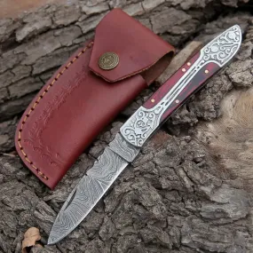 8" Handmade Red Dollar Sheet Handle Folding Pocket Knife With Engraved Frame Work