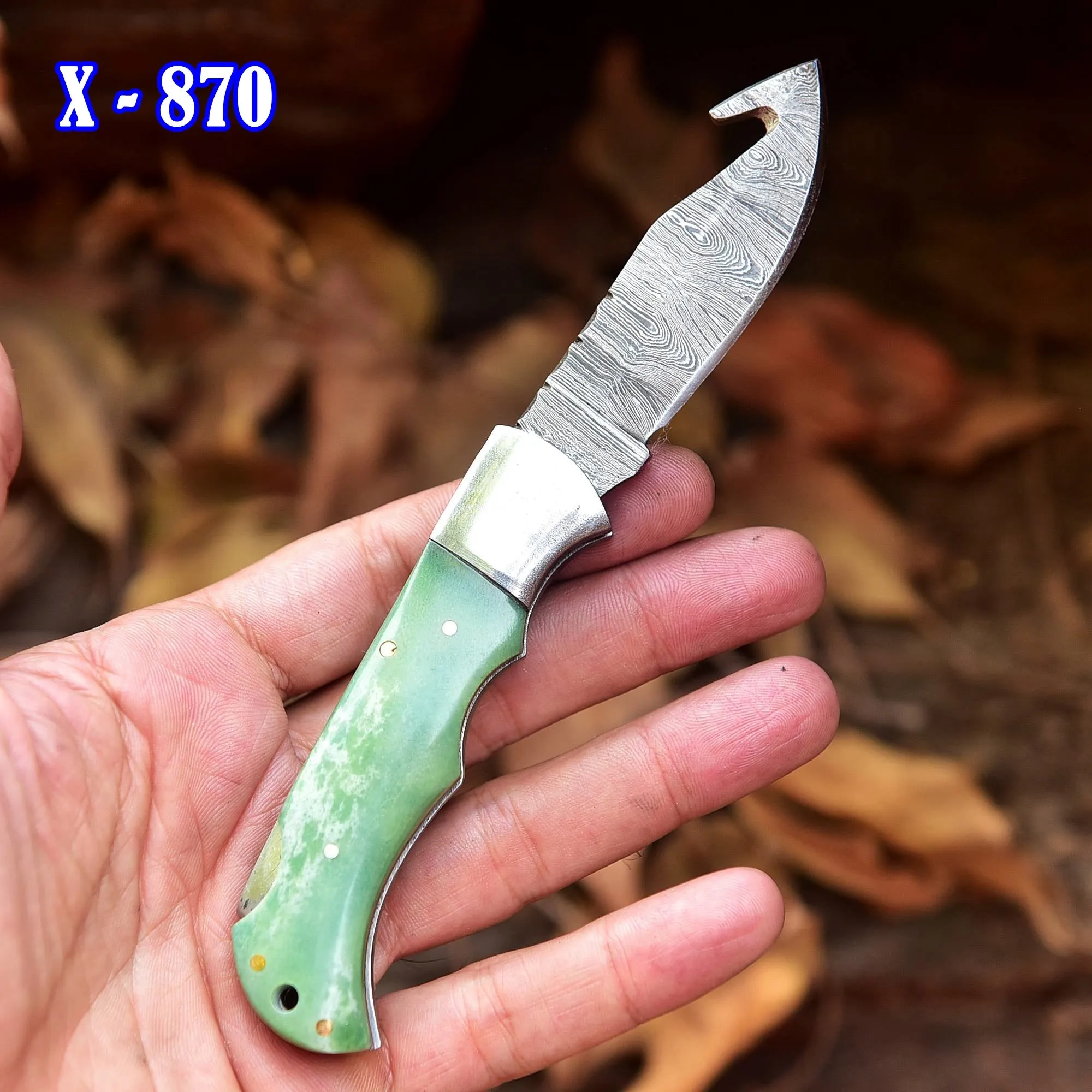 Back Lock 6.5" Handmade Damascus Steel Pocket Knife - Bone Handle - Folding Gut Hook Knife