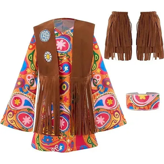 Girls Hippie Costume, Hippie Outfit with 60-70s Accessories for Kids