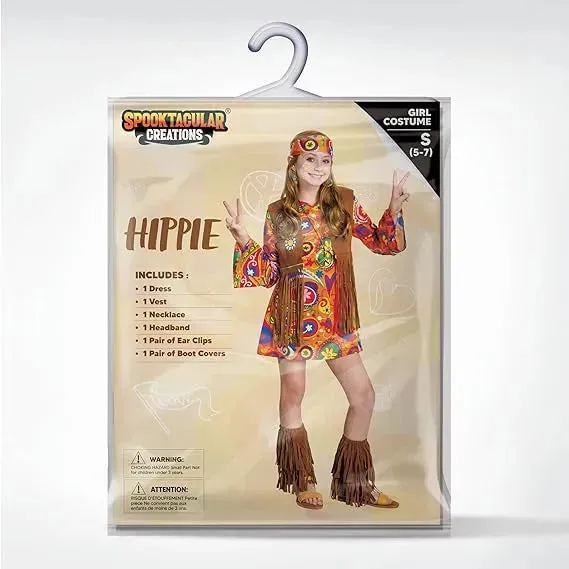 Girls Hippie Costume, Hippie Outfit with 60-70s Accessories for Kids