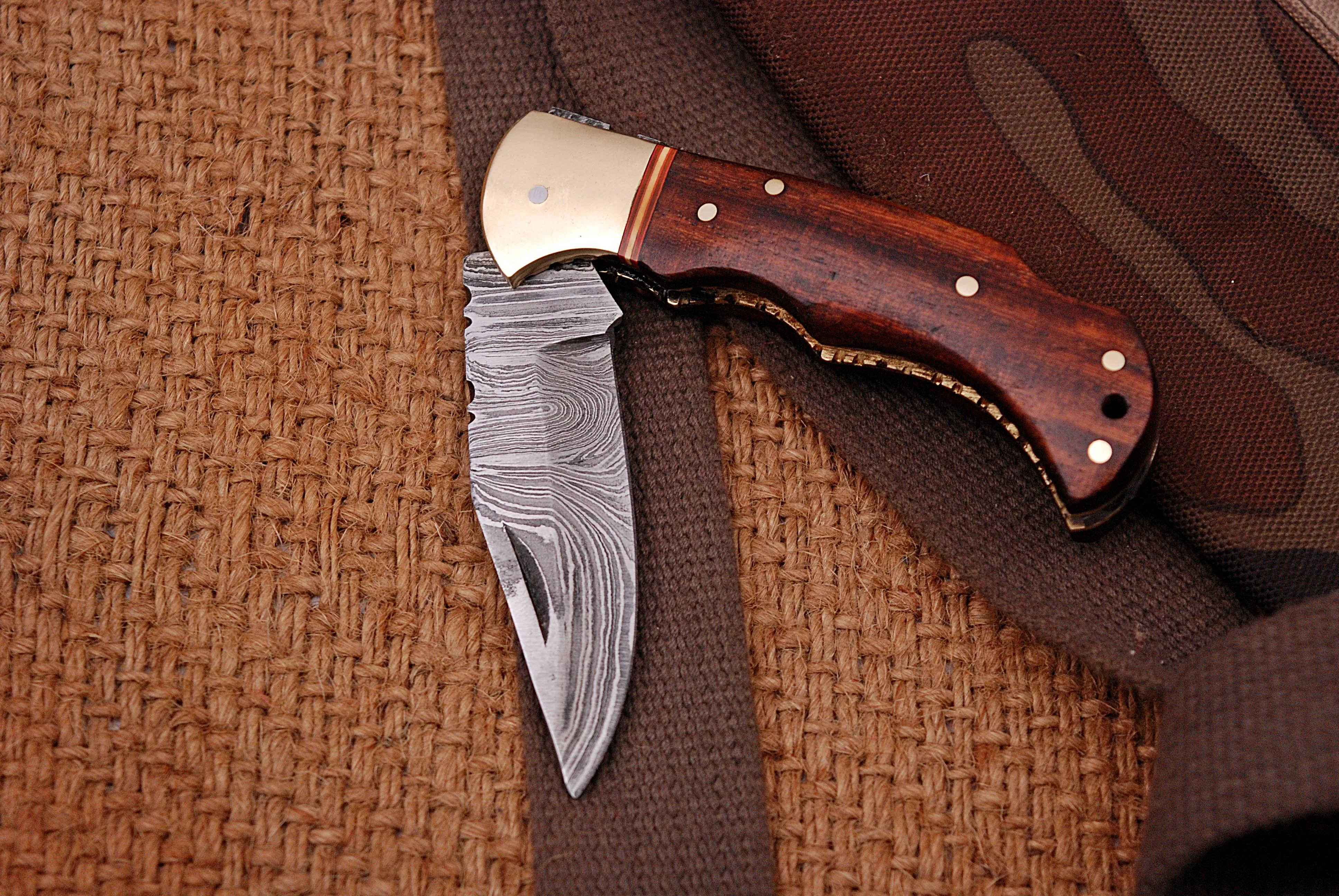 Handmade Damascus Pocket Knife - 6.5'' Back Lock Folding Knife Wood Handle - Camping Knife x-420