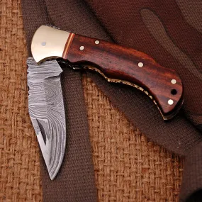 Handmade Damascus Pocket Knife - 6.5'' Back Lock Folding Knife Wood Handle - Camping Knife x-420