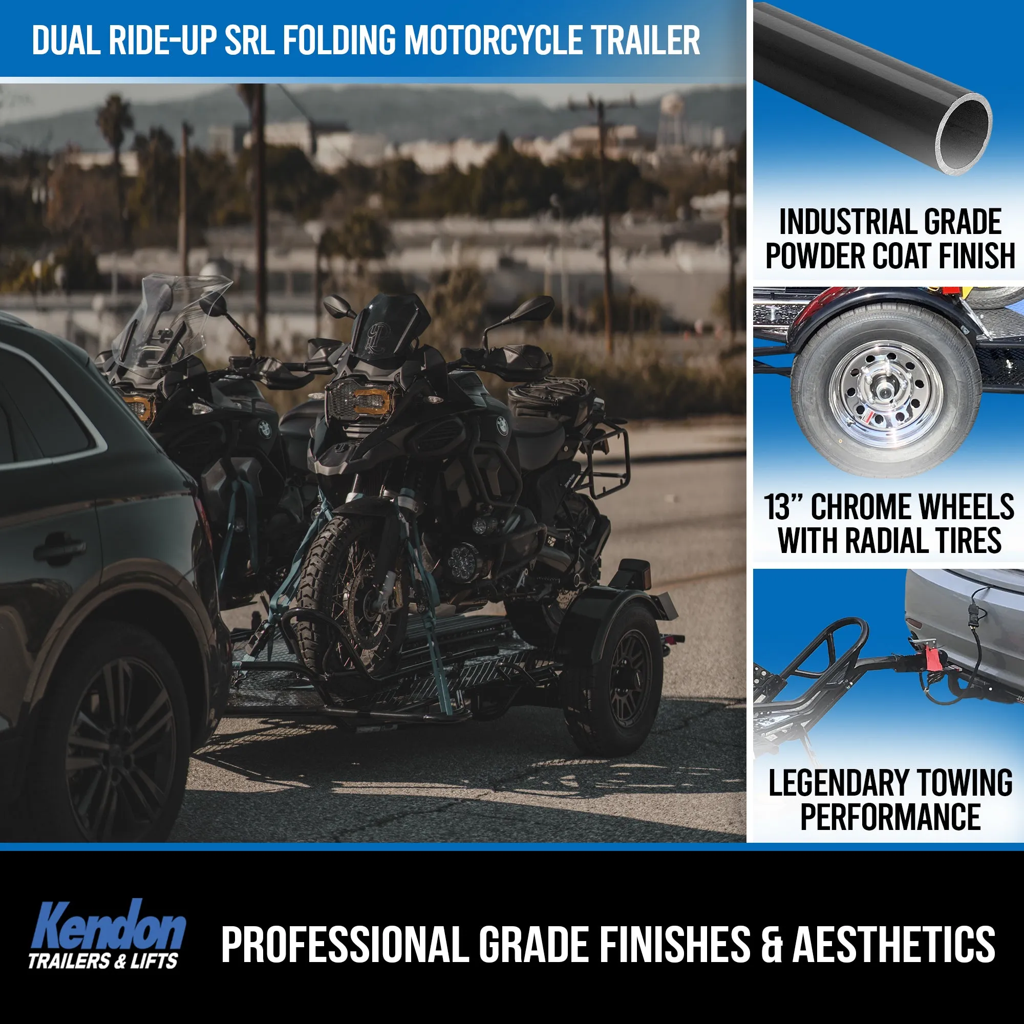 Holiday Special Blue Morpho Dual Ride-Up SRL Folding Motorcycle Trailer