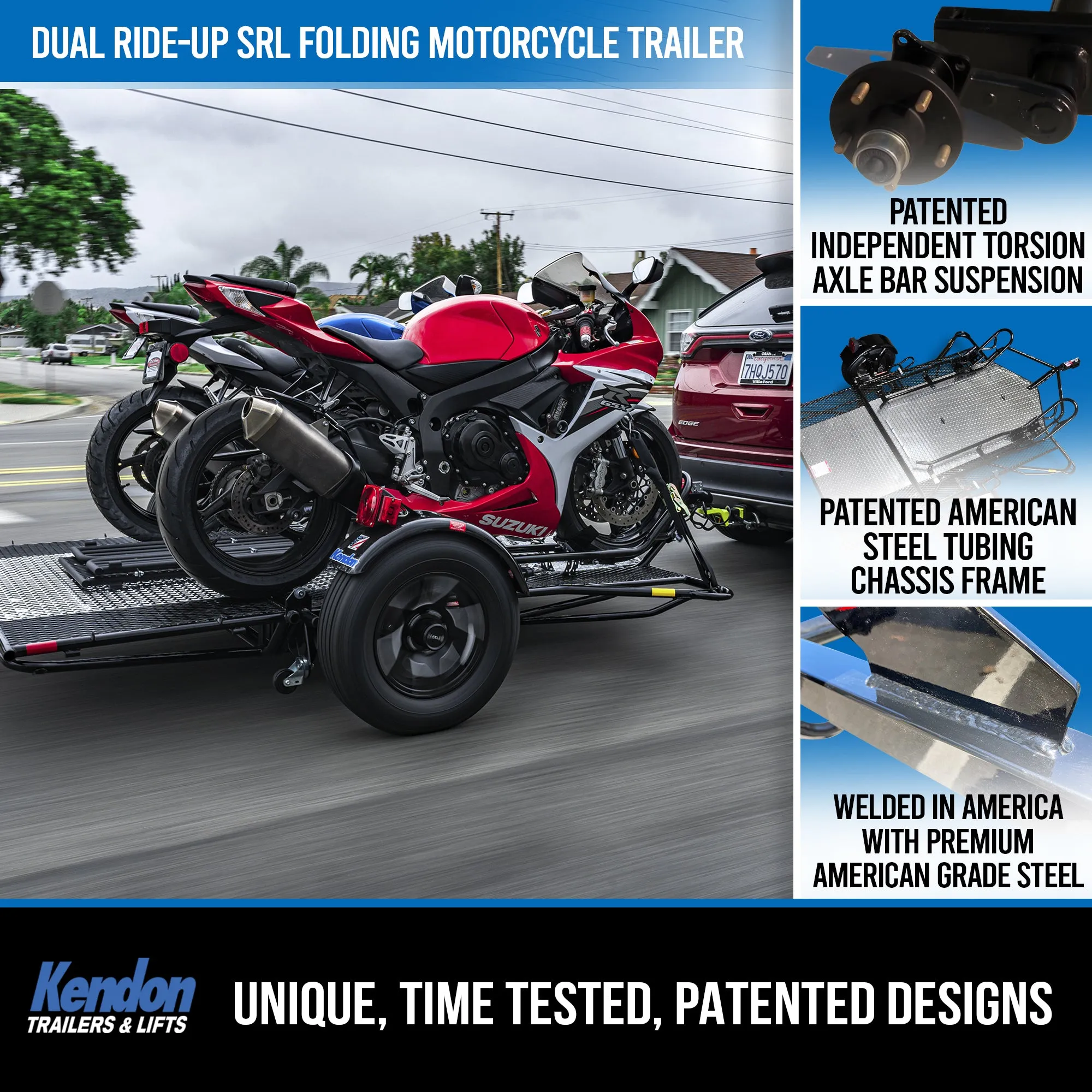 Holiday Special Blue Morpho Dual Ride-Up SRL Folding Motorcycle Trailer