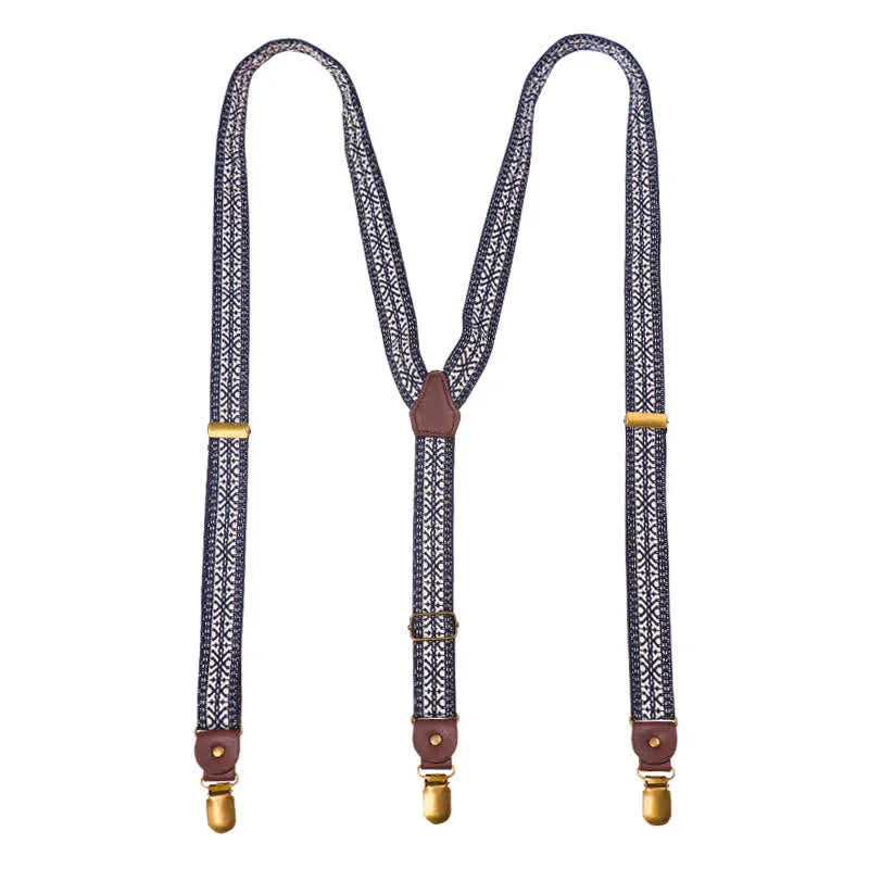 Navy & White Ethnic Pattern Y-back Elastic Suspenders