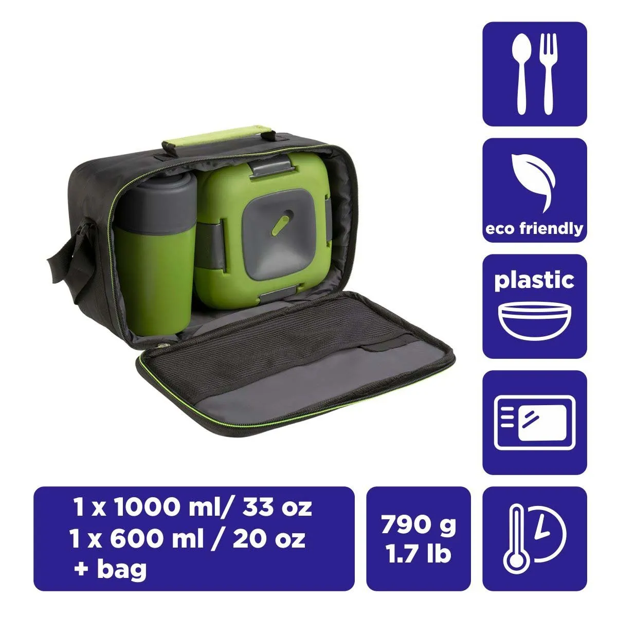 Paloma Green Set of Plastic Lunch Box with 20 oz Bottle | Insulated Bag