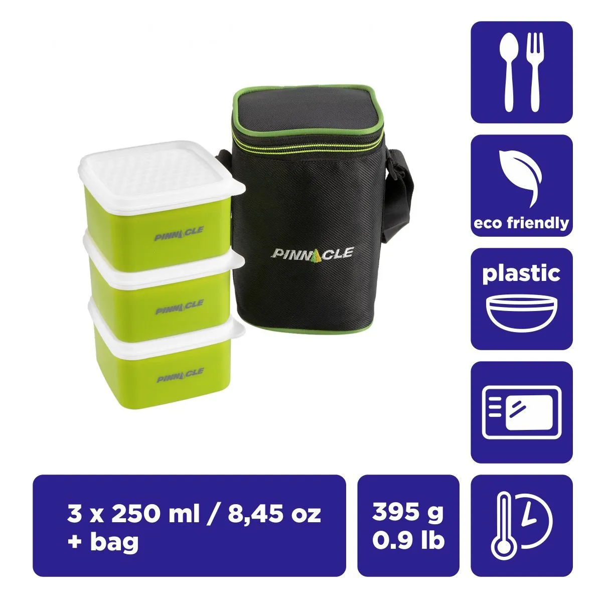 Paragone Compact Set of 3 Lime Green Plastic Lunch Boxes | 8.5 oz | Insulated Bag