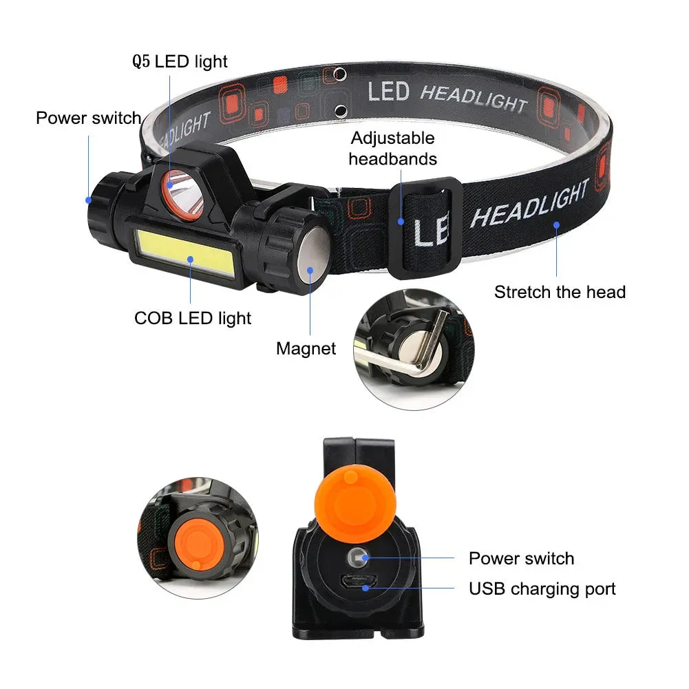 Q5 COB Mini Led Zoomble Headlamp Usb Rechargeable Portable Headlight 18650 Built-in Battery Outdoor Fishing Camping Head Lantern