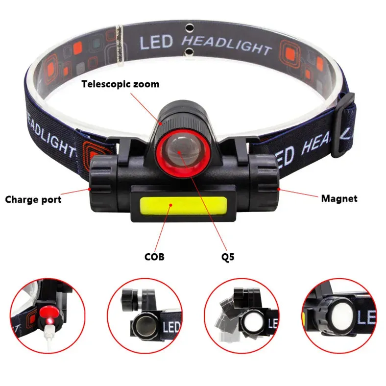 Q5 COB Mini Led Zoomble Headlamp Usb Rechargeable Portable Headlight 18650 Built-in Battery Outdoor Fishing Camping Head Lantern