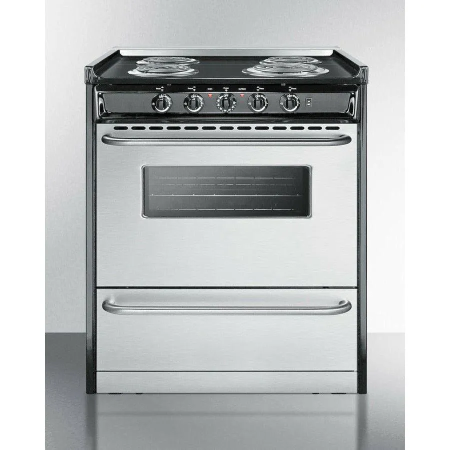 Summit 30 in. Wide Electric Coil Range with 4 Elements, 3.7 cu. ft. Total Oven Capacity, ADA Compliant, in Stainless Steel - TEM210BRWY