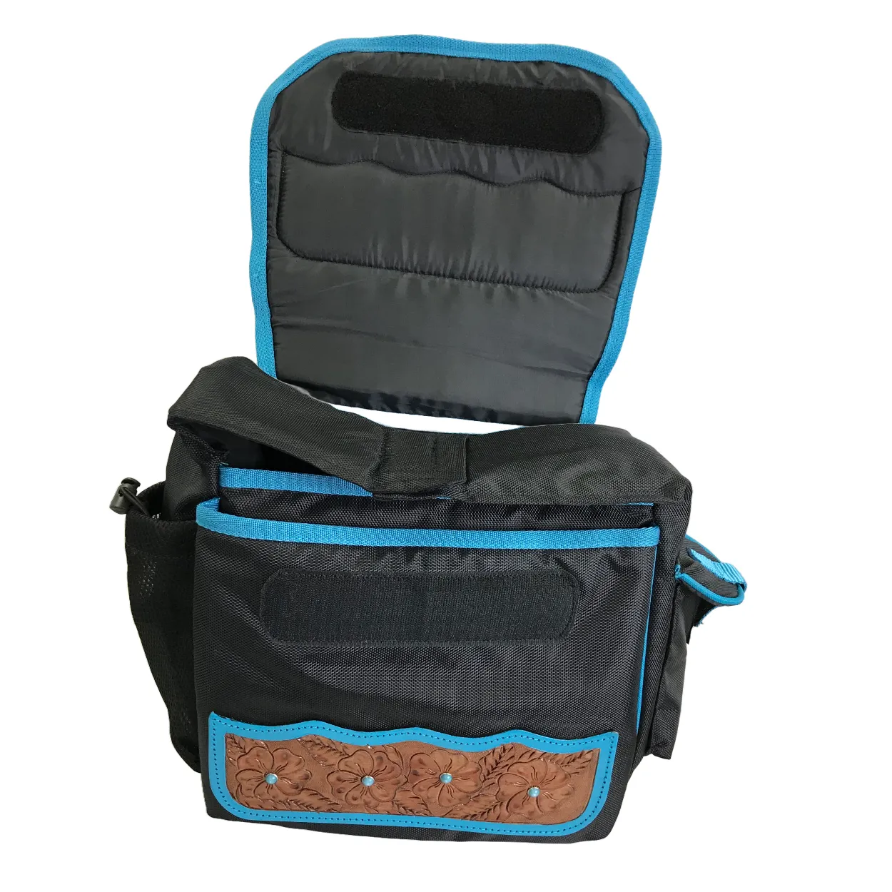 Tahoe Tack Turquoise Flower 1680D Nylon Western Saddlebags with Hand Tooled Leather Accents and 2 Year Warranty