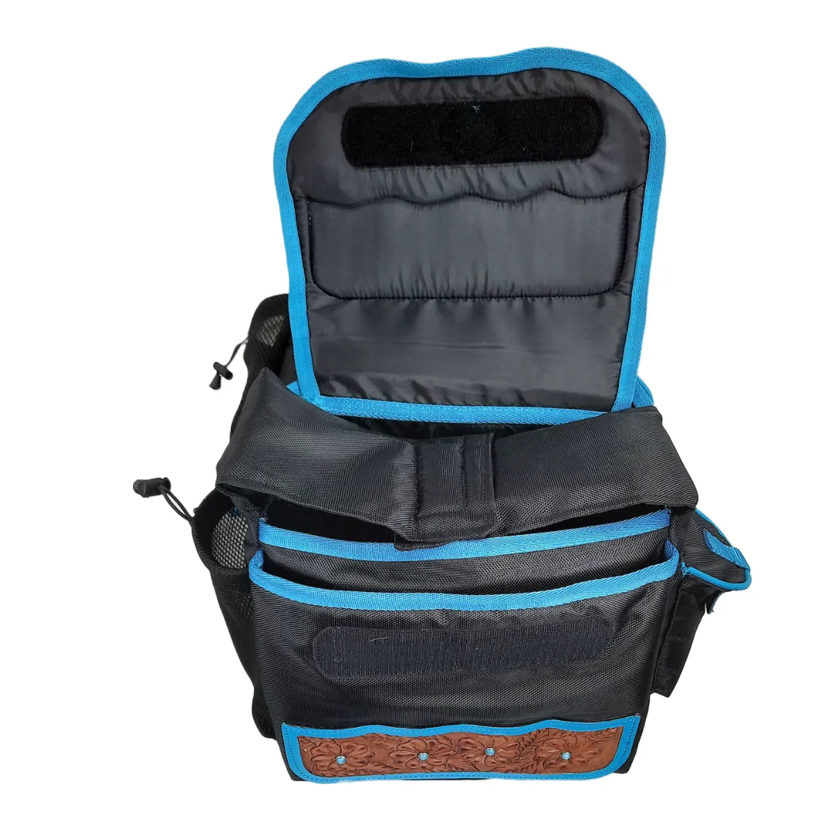 Tahoe Tack Turquoise Flower 1680D Nylon Western Saddlebags with Hand Tooled Leather Accents and 2 Year Warranty