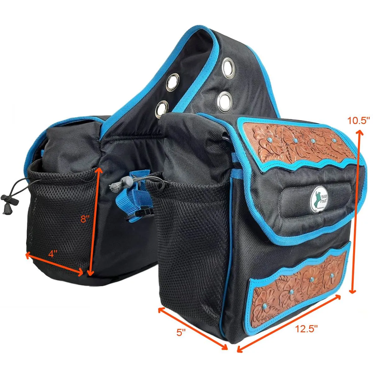 Tahoe Tack Turquoise Flower 1680D Nylon Western Saddlebags with Hand Tooled Leather Accents and 2 Year Warranty