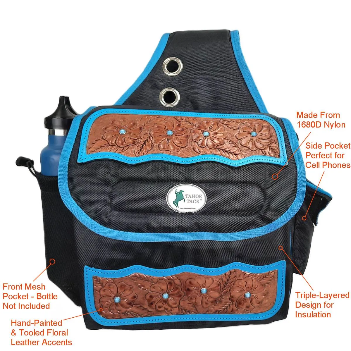 Tahoe Tack Turquoise Flower 1680D Nylon Western Saddlebags with Hand Tooled Leather Accents and 2 Year Warranty