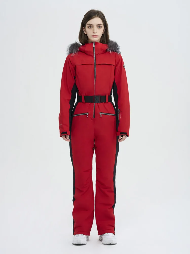 Women's High Experience Mountain Chic Faux-Fur Trim Flare Onesie Ski Jumpsuit